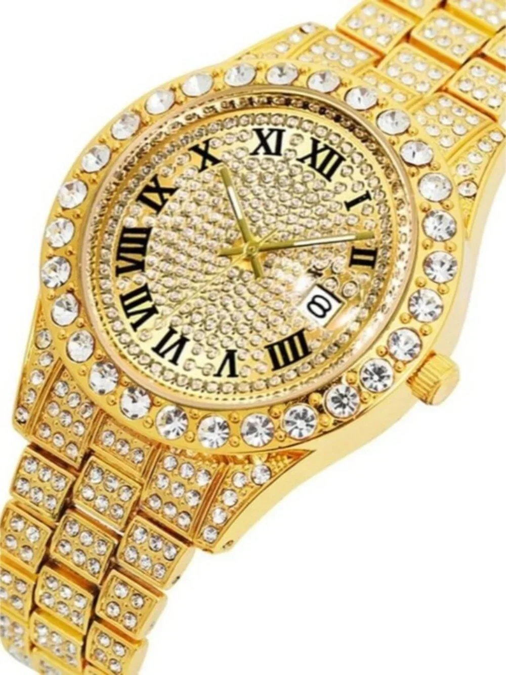Men's Gold Iced Out Hip Hop Watch Luxury Quartz Skeleton Dial Date Window